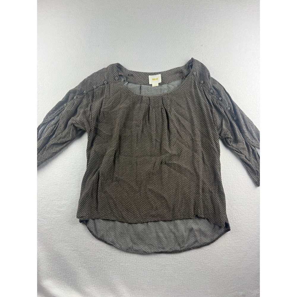 Maeve Anthropologie Brown Micro Dot Button Cold Shoulder Blouse S Made in USA